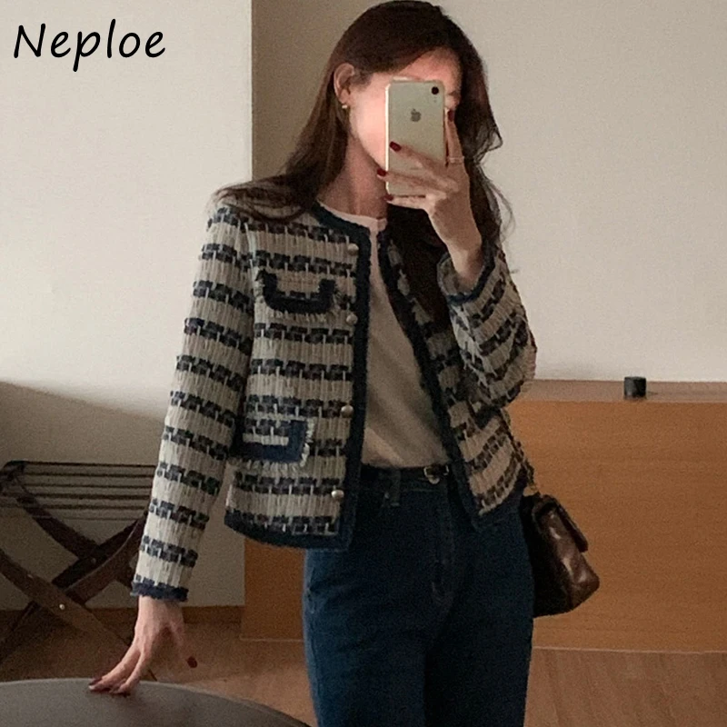 Neploe Korea Chic Minority Exquisite O Neck Mujer Chaqueta Stripe All-match Tweed Knit Panelled Jacket Loose Soft Commuter Coat