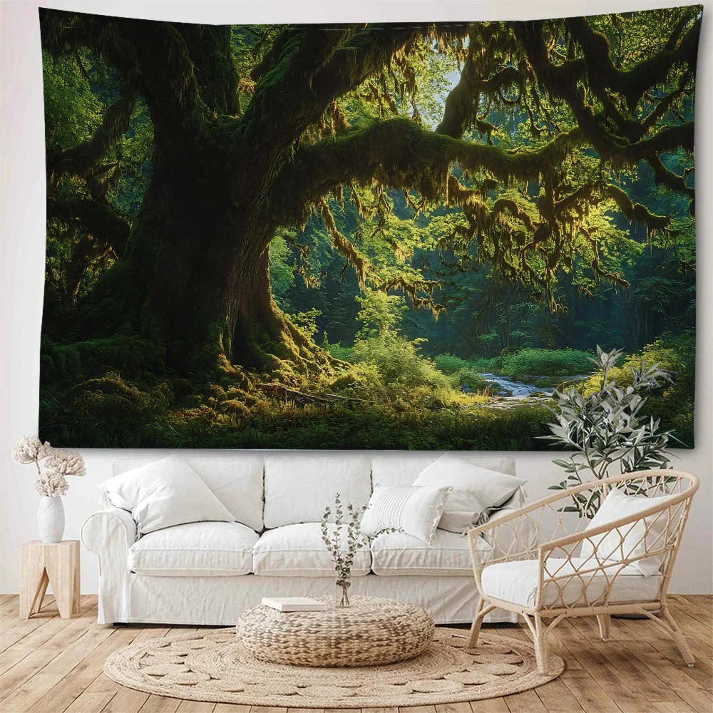 

Forest trees, sunshine, forest scenery, green forest scenery, home background decoration, tapestry