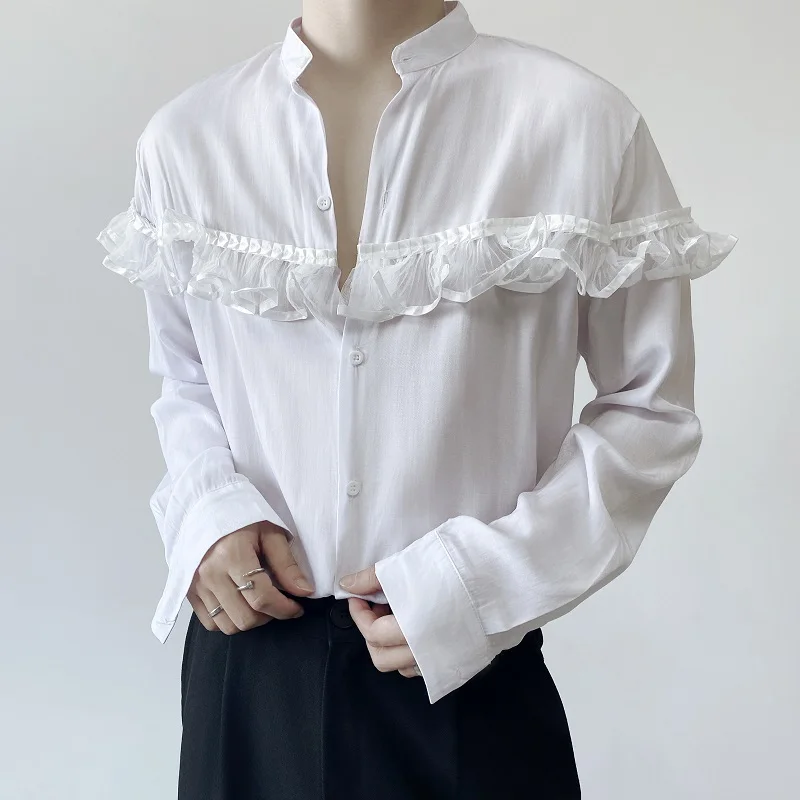 

2023 Baroque Court Style Stand Lace Collar Long Sleeve Mens Womens Shirts White Designer Royal Gothic Clothes Black Blouse Slim