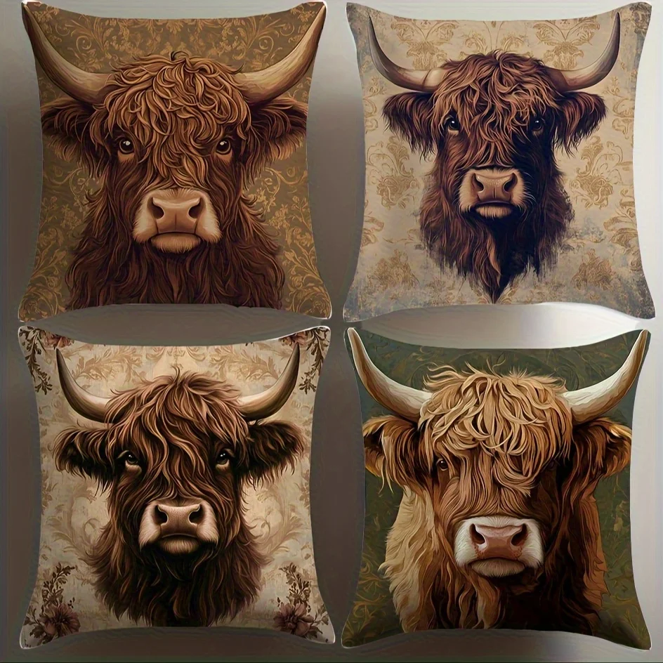 Highland cow hugging pillowcase, abstract floral print, Nordic countryside style, cushion cover, living room sofa decoration