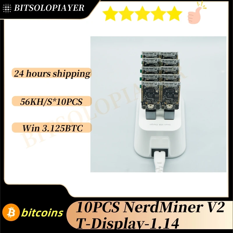 

10 шт. Bitcoin NerdMiner V2 78KH/S * 10 BTC лотерейная шахтерская станция с 60 Вт 10-портовый соло-майнер-концентратор с охлаждающим вентилятором