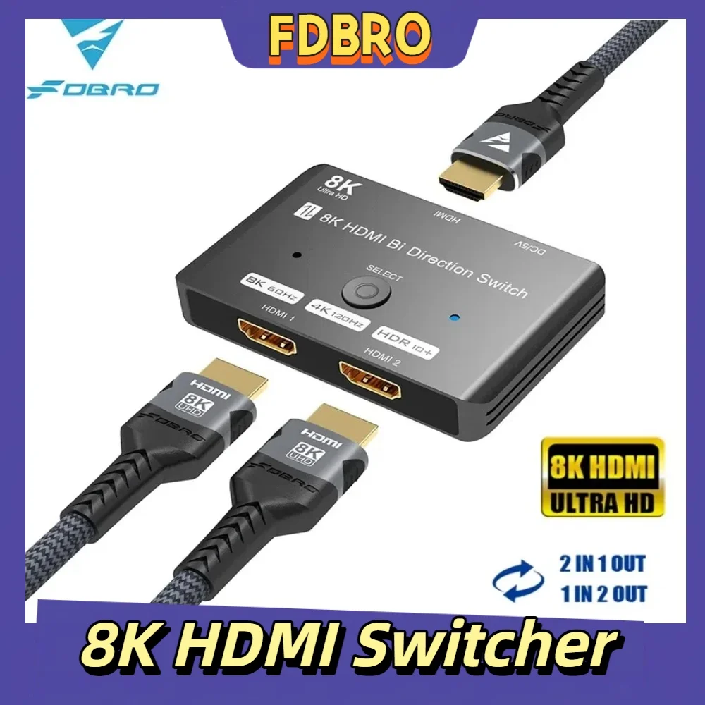 8K HDMI Switch 1 In 2 Out 2 In 1 Out Bidirectional 8K@60Hz 4K@120Hz HDMI 2.1 Switcher 2X1 1X2 Two-way Converter Adapter Splitter