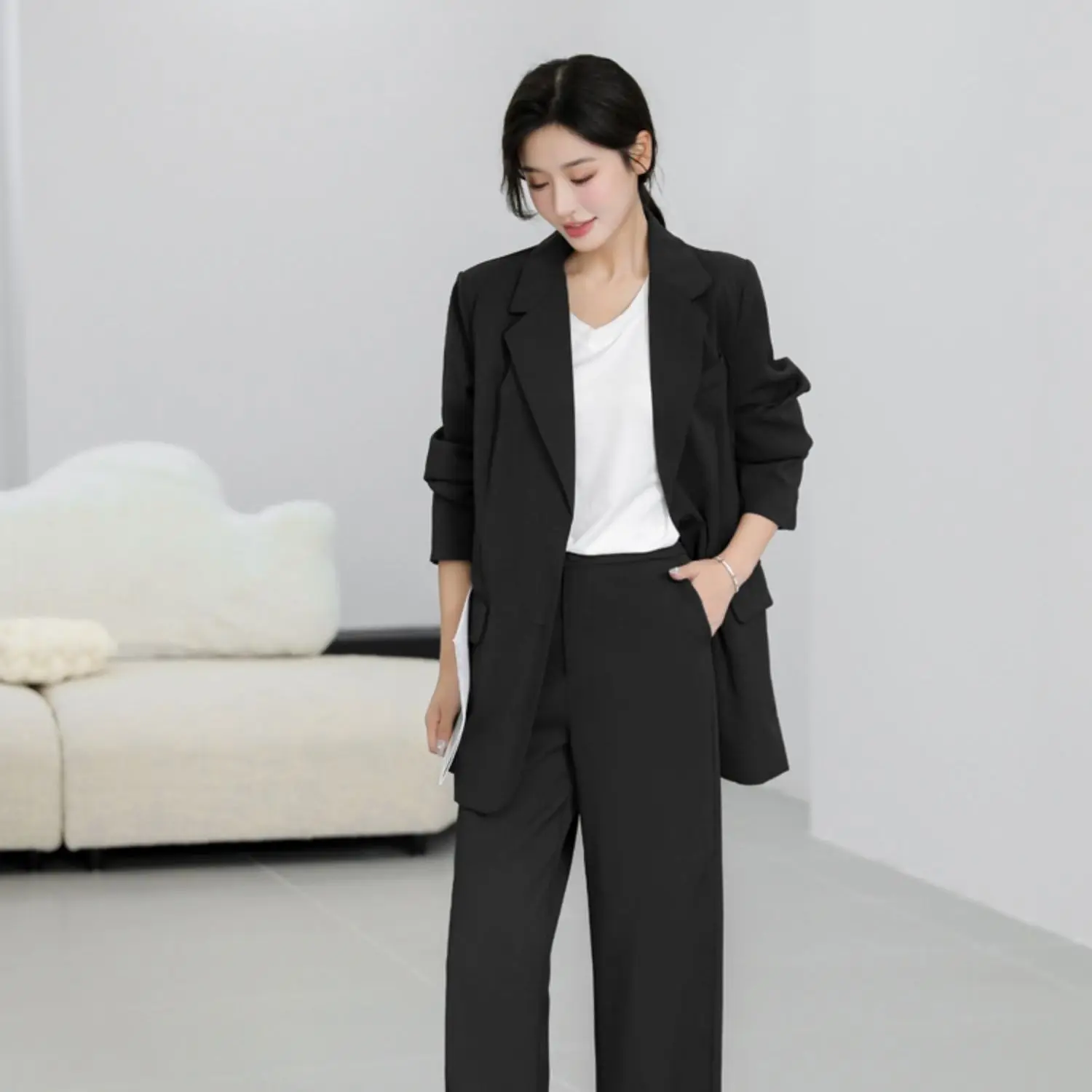 

Long Coat Woman Women'S Blazer Double-Breasted Tweed Satin Round Leisure Splicing Fall Winter Pinstripe Shoulder-Padded Lace