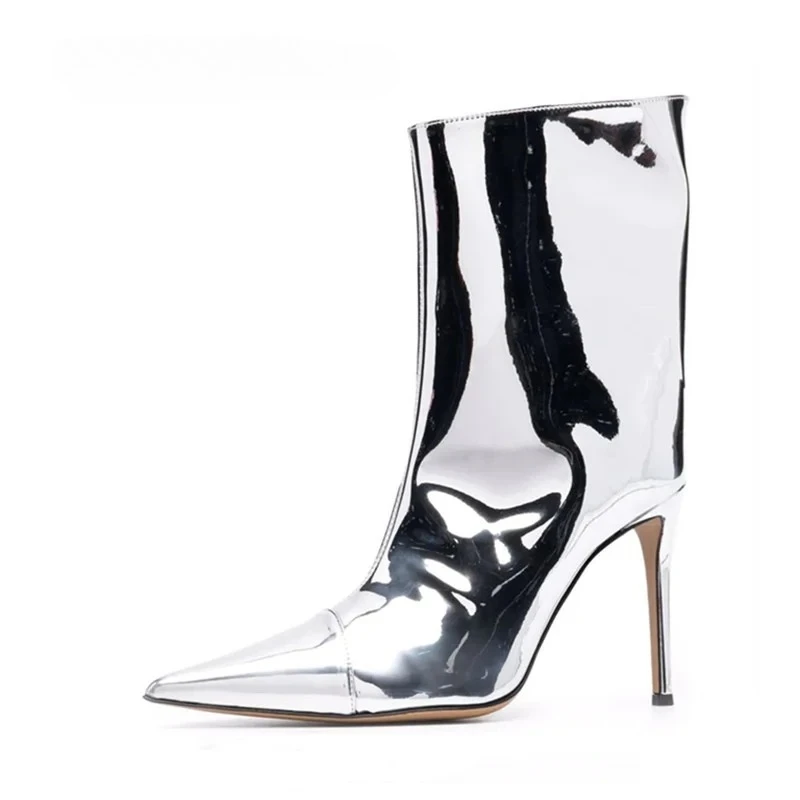 

2023 New Fashion Women's Boots Sexy Pointy Stiletto Shoes 10cm Candy Color Mirror Large Size Model Catwalk Brand Ankle Boots