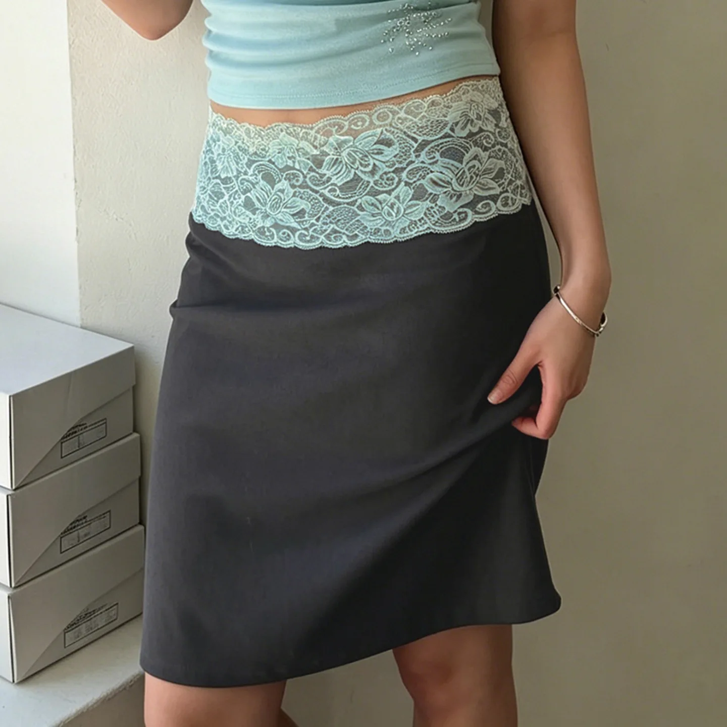 Contrasting Color Lace Splicing Waist Design Sense A Swing Skirt Spice Girl Skirt Woman