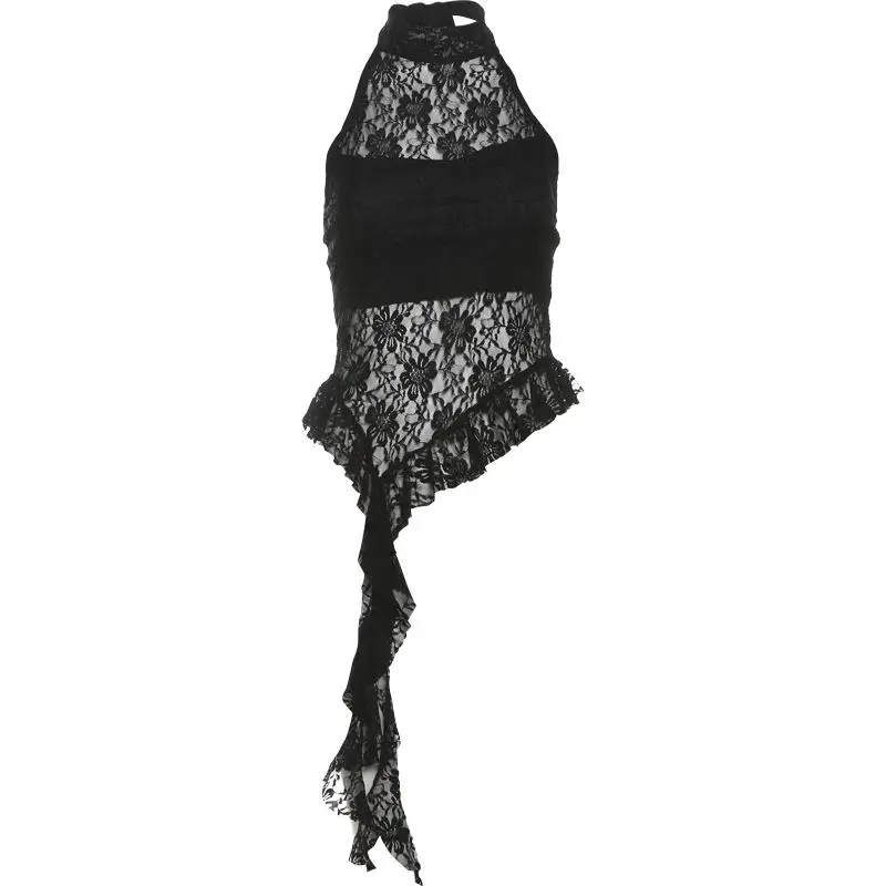 Canottiera sexy con lacci in pizzo con scollo all'americana da donna Dark Street Spicy Girl Slim Fit irregolare Crop Top Canotte Y2k senza maniche trasparenti retrò