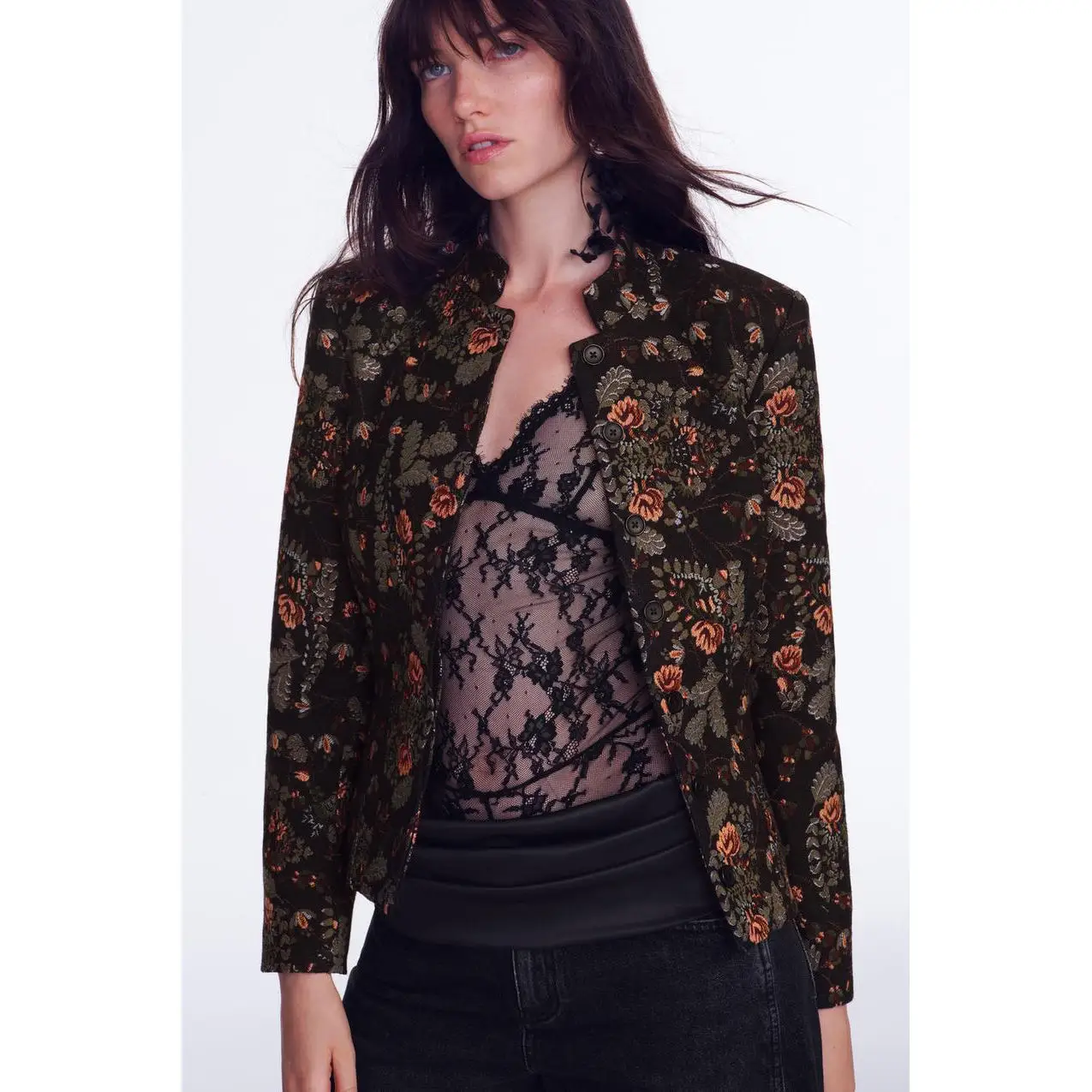 Fashionable Nine-Point Short Skirt Coat Women's Straight Leg Long Sleeve High Collar Polyester Fiber Plant Floral Pattern