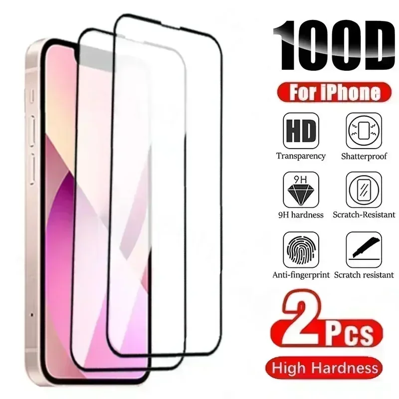 2PCS 100D Full Cover Protective Glass For IPhone 15 11 X XR XS MAX 6 7 8 Plus Screen Protector On iPhone 13 12 Mini 14 Pro Glass