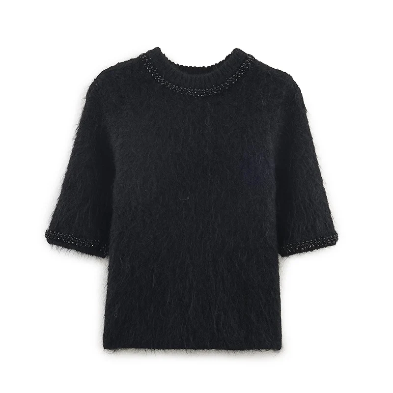 Tidalyf Camicetta pullover lavorata a maglia da donna Moda retrò sottile con perline Elegante maglione da donna Pullover Chic maglione lavorato a maglia giovane