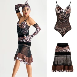 Summer Adults Latin Dance Professional Costumes Sexy Leoaprd Latin Top Fringed Skirts Women'S Samba Chacha Dancing Wear SL10254