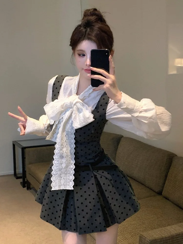 

Fashionable Long Sleeve Women's Outfit Two-Piece Set Slimming Vest Dress Korean Style Commute Lace Splice A-Line Skirt