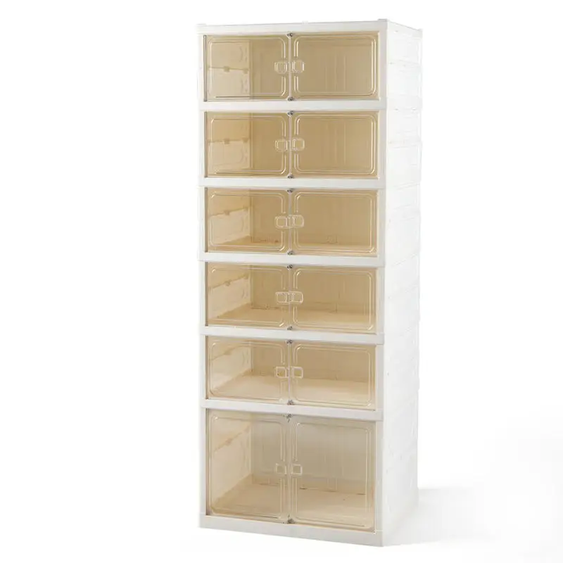 Foldable Shoe Rack, 6 Tier Transparent Stackable Shoe Box, 12 Pair Capacity Storage Cabinet, Dust Proof Organizer Bin, For Entryway Closet, White