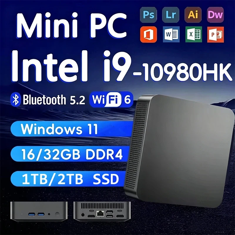 

MINI PC Intel Core i9 10980HK Windows 11 Pro 16GB 32GB RAM 2TB SSD WIFI6 BT5.2 4K HD Mini Gaming Office Study Desktop Computer