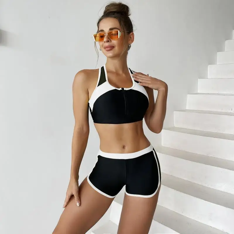 Bathing Suit Women New European And American Swimwear Color Matching Split Flat-angle Swimsuit Women's Chest Zipper Sports Bikin