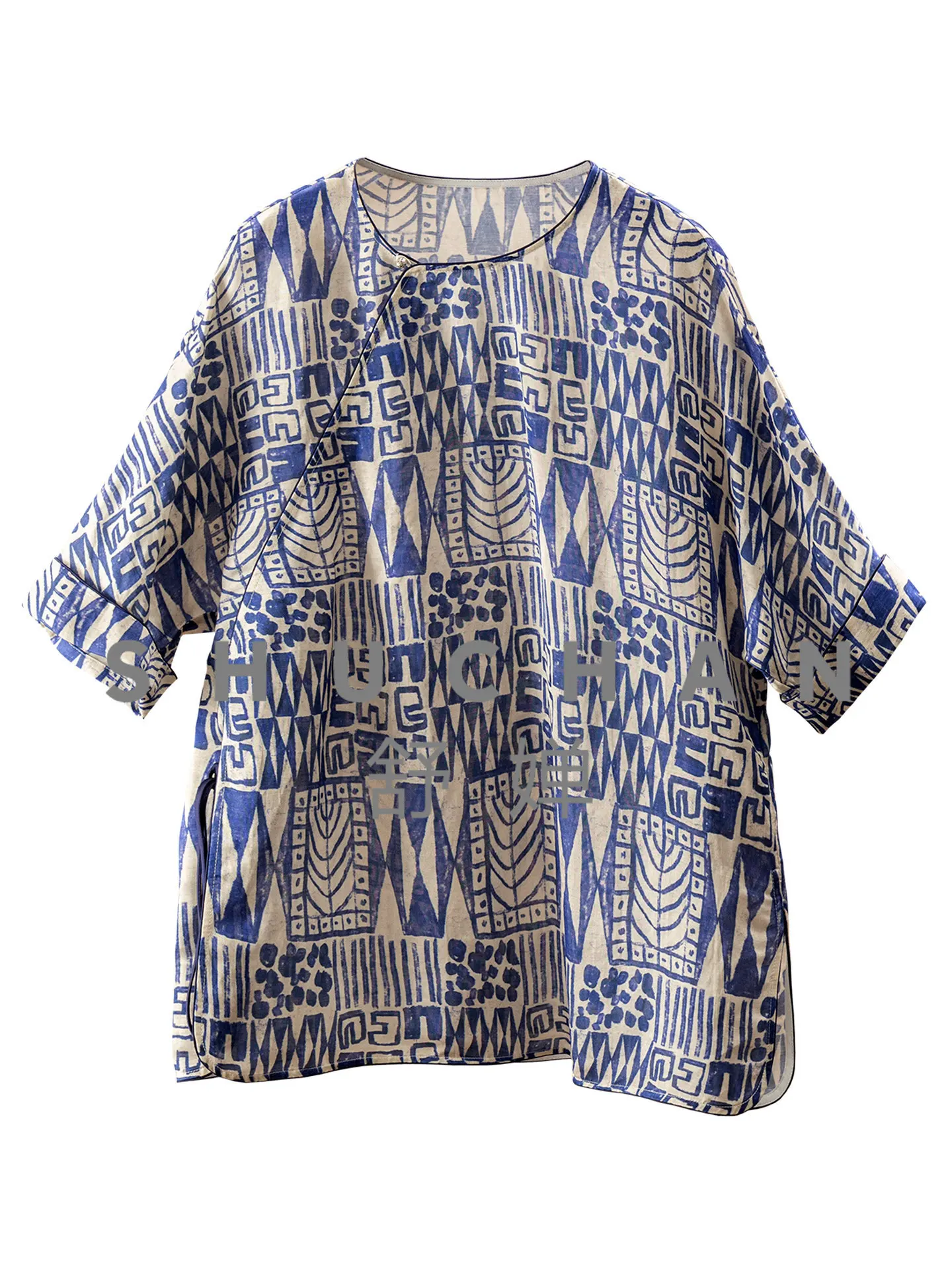 

Blouse Luxury and Unobtrusive, Blue and White New Chinese Style with Cut Sleeves Linen Cotton Shirt Women's 02M6