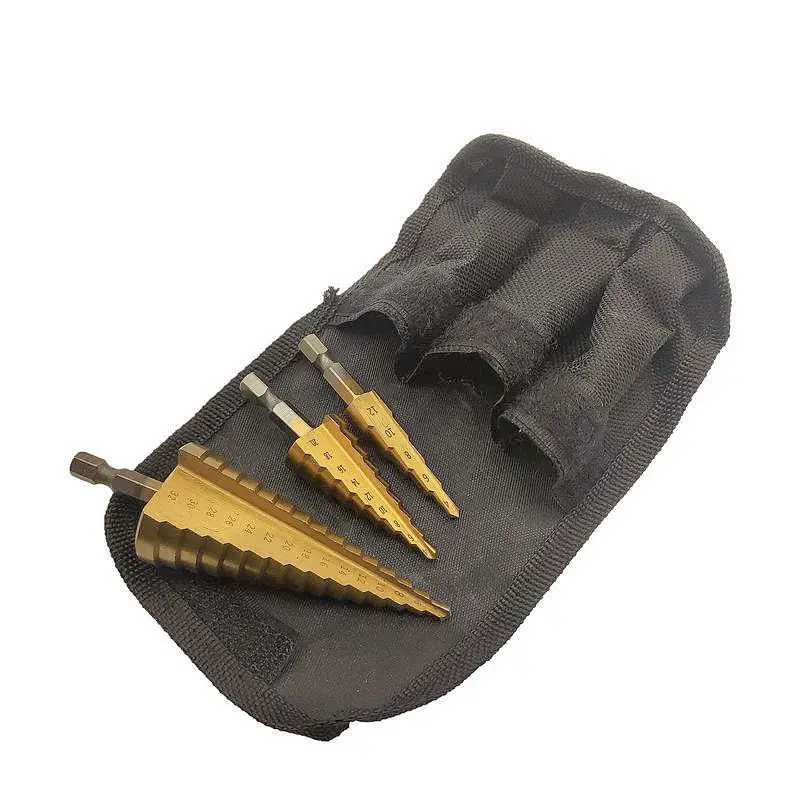 3Pcs HSS Cone Titanium Coated Step Drill Bit Set Tools Krachtige 4-32mm 4-20mm 4-12mm Hole Cutter / Wood Case / Bag Packing