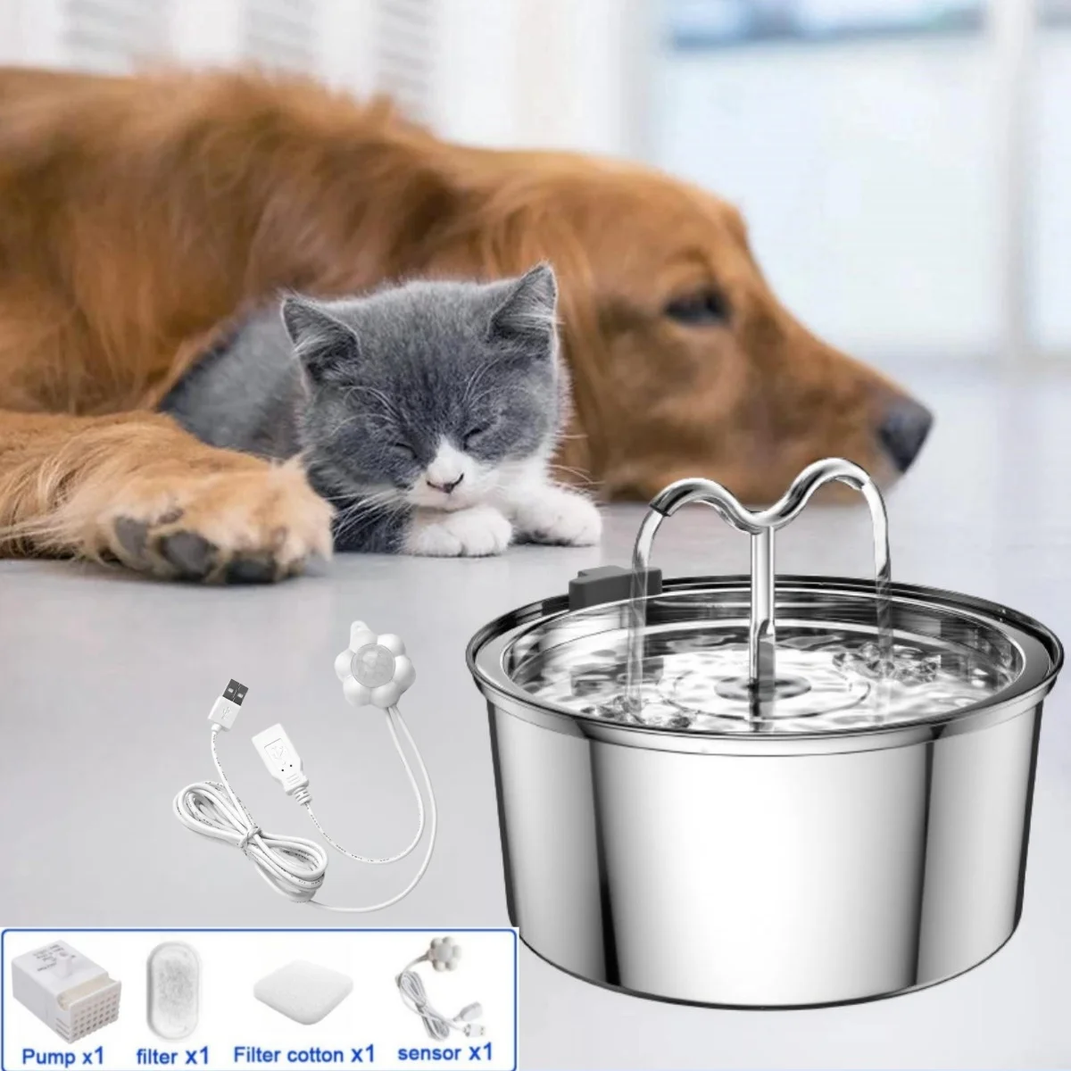 

Stainless Steel Pet Water Feeder Cat Automatic Water Fountain USB Electric Mute for Cat Dog Filter Fountain Smart Drinking Bowl