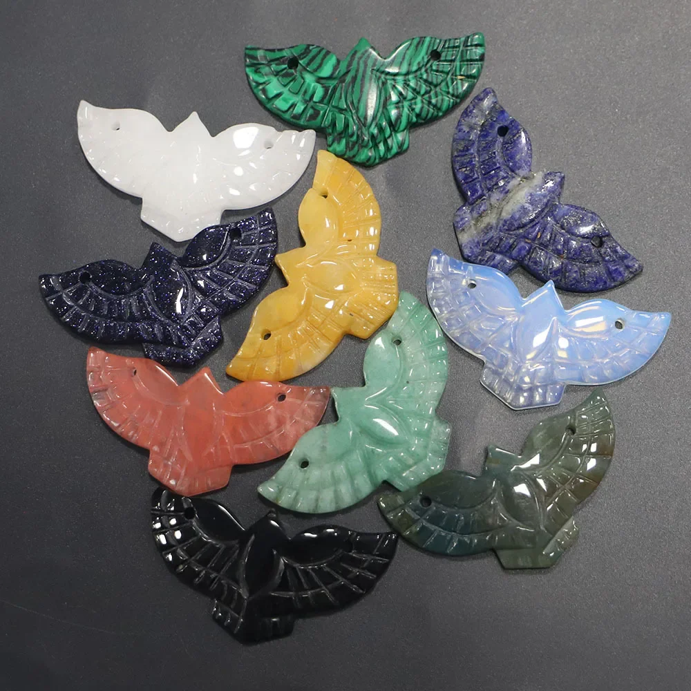 Retro Natural Semi-Precious Stone Crystal Agate Lapis Lazuli Sculpture crave Eagle Bird Wing Pendant for DIY Earrings Necklace