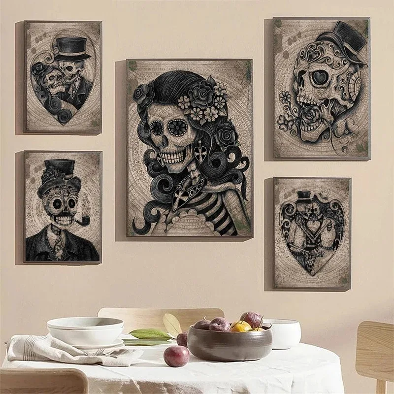 Mexican Day of The Dead Wedding Sugar Skull Poster Prints Horror Gothic Vintage Canvas Painting Wall Picture for Room Home De