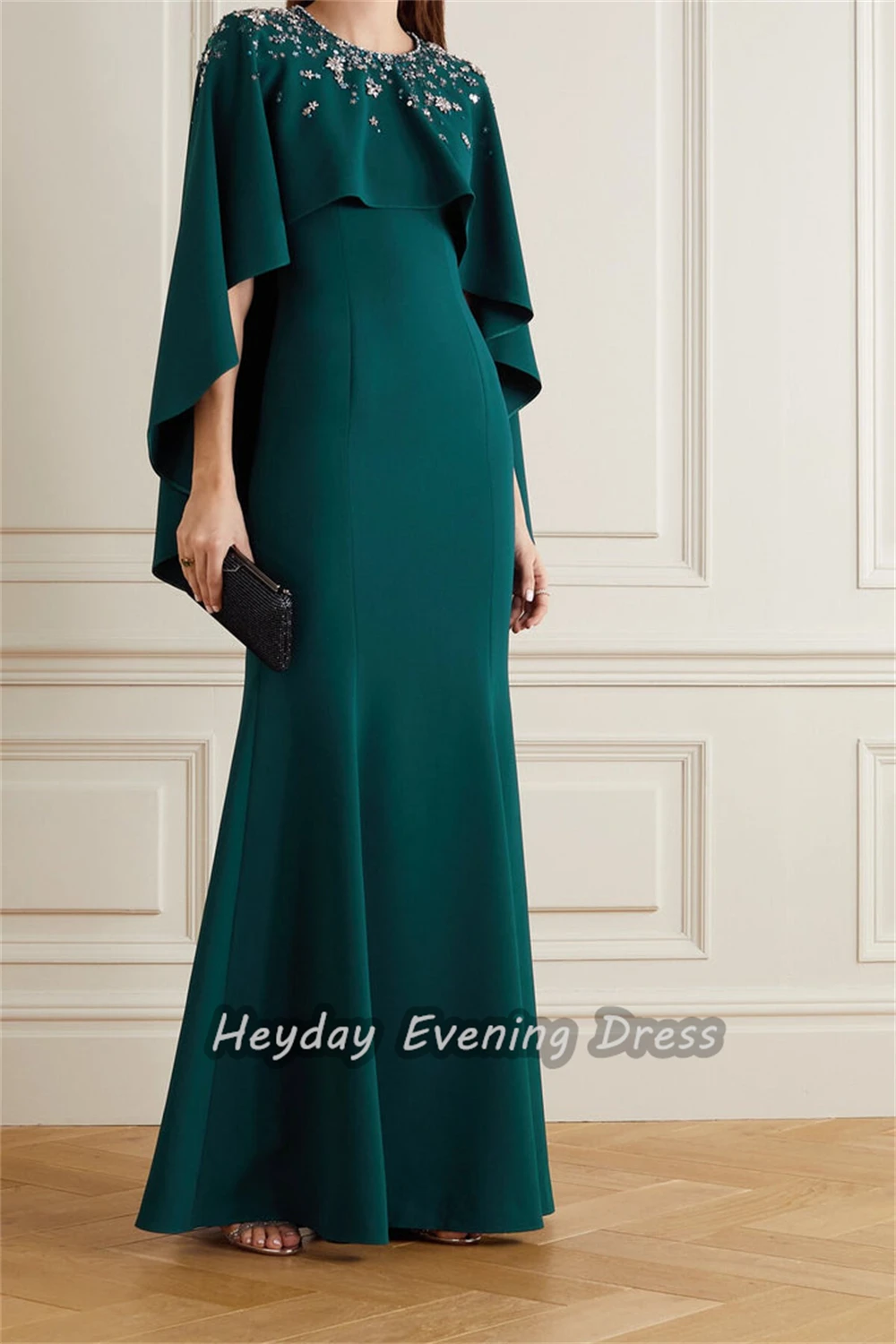 Heyday السعودية O-Neck Crepe A-Line Short Sleeves Beaded Sexy Fashion Floor Length Elegant Prom Dress For luxurious Woman 2024