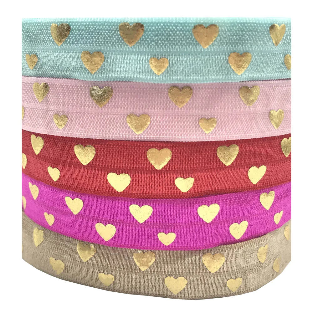 10yards 15mm Gold Foil Love Heart Print Fold Over Elastic FOE Ribbon Diy Headwear Tie Sewing Wedding Decoration Accessories