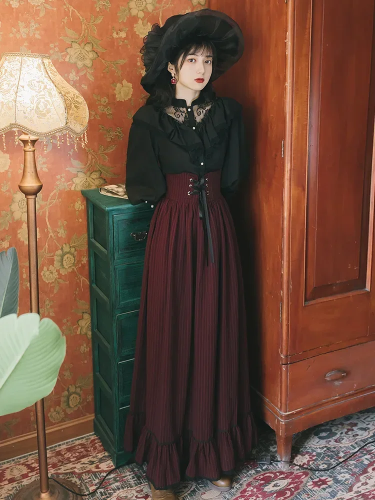 Vintage Gothic 2 ชิ้นชุดผู้หญิงสีดํา Lace Ruffle เสื้อ + Lace-up Midi กระโปรงฤดูหนาว Court Retro ชุดลําลองเครื่องแต่งกาย