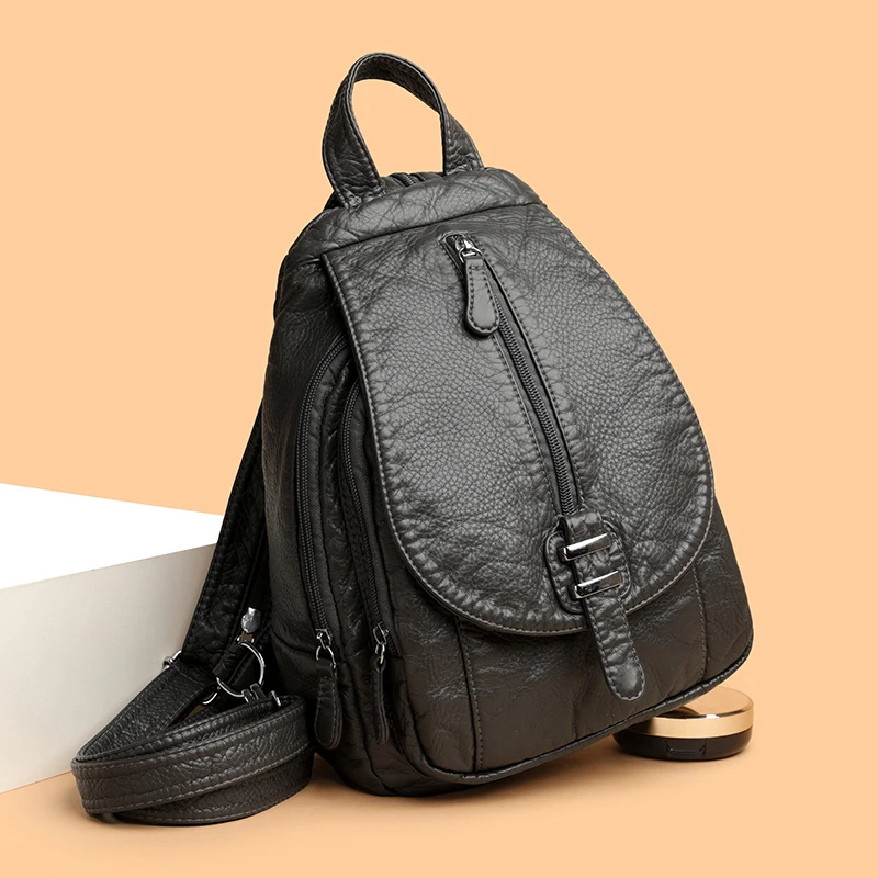 Retro Solid Color For Women Small Shoulder Bag Multifunctional Rucksack Ladies High Quality Soft Leather Sac Casual Teenager Bag