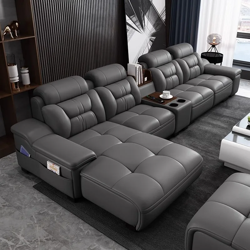 Modern Minimalist L-Shaped Genuine Leather Sofa Set, First Layer Cowhide Chaise Lounge With Living Room Side Table