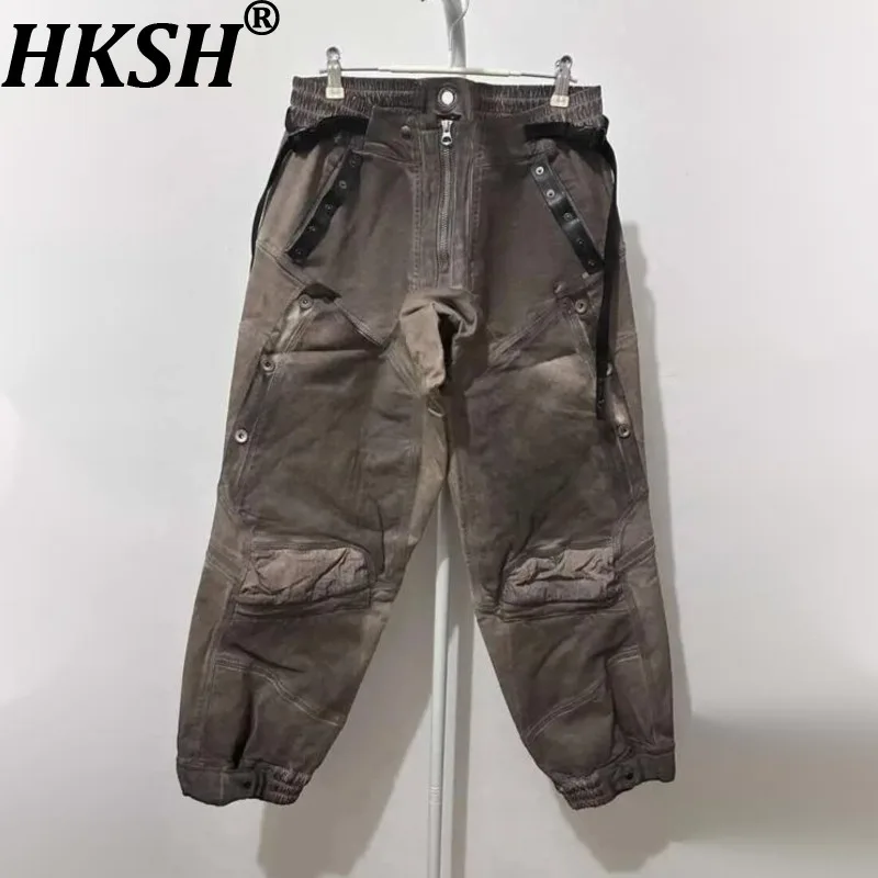 HKSH Spring New Men Tide Punk Waste Land Niche Design Double Layer Overalls Vintage Strap Pockets Casual Cargo Pants Chic HK0815