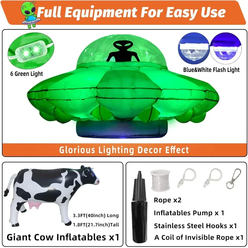 Inflatable Alien Party Decorations 4.2FT Alien UFO Cow Abduction Halloween Blow Up Inflatables Built-in Green LEDs Blue&White