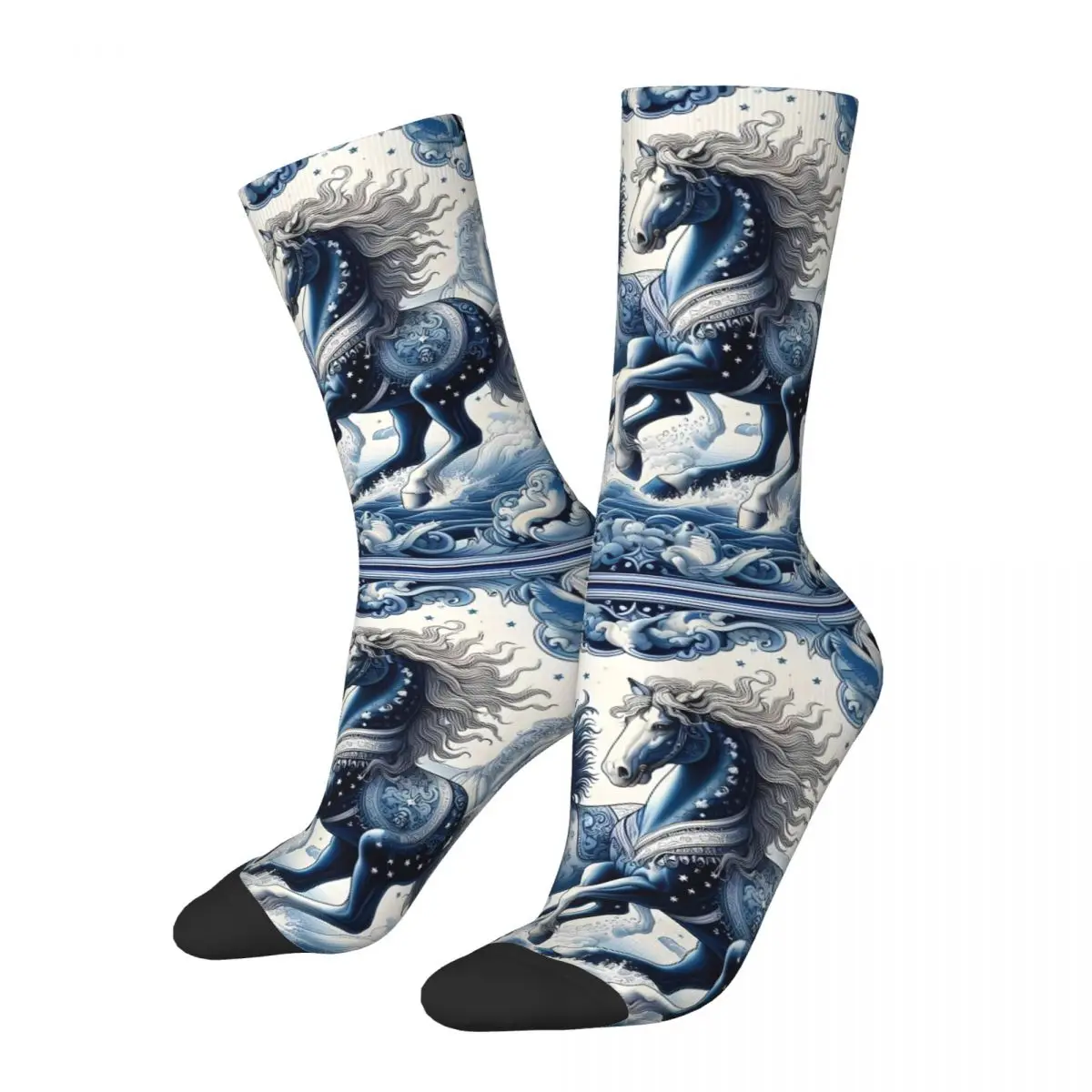 Russian Blue White Porcelain Animal Art Sock Printed Man Polyester