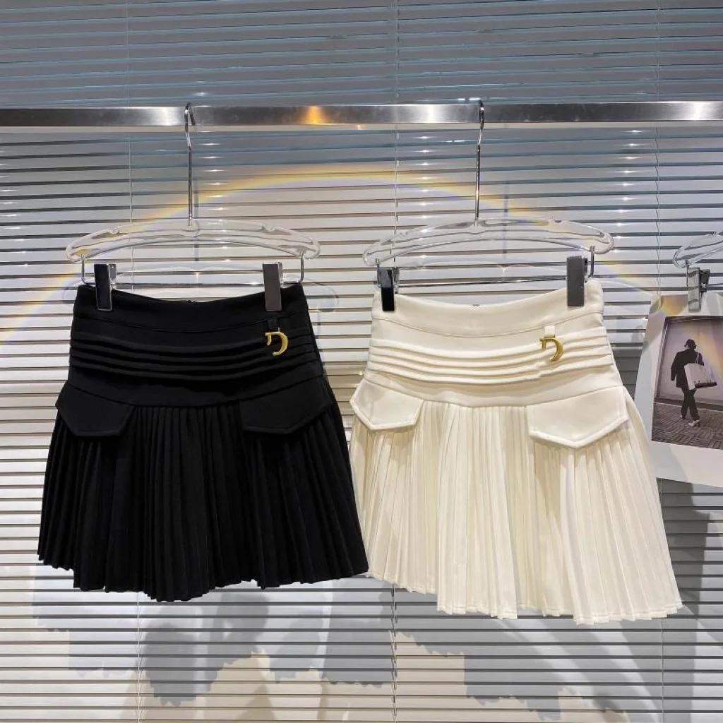 Girls' Autumn Velvet Skirt with Metal Buckle Double Pocket Gold Velvet Pleated Skirt Korean Mid Size Children's Skirt
