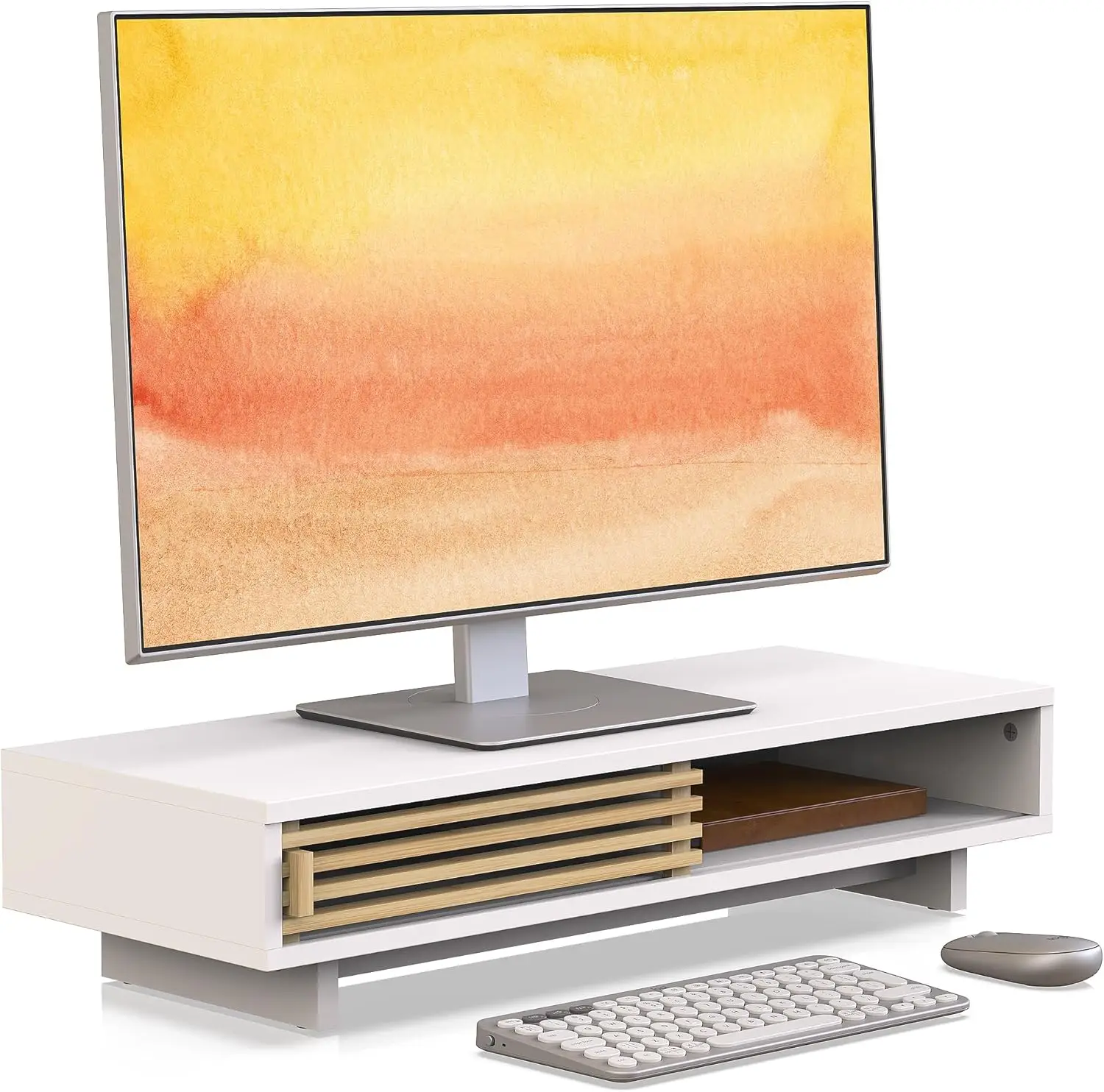 

Белая бамбуковая подставка для монитора с выдвижной дверцей для хранения, 25-дюймовый настольный органайзер для компьютера/ноутбука