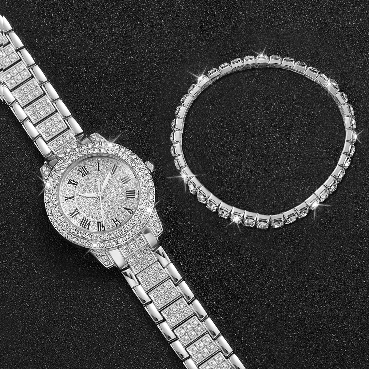 Reloj de cuarzo con doble fila de diamantes para mujer, conjunto de Reloj clásico de moda, esfera romana, 4 piezas por juego