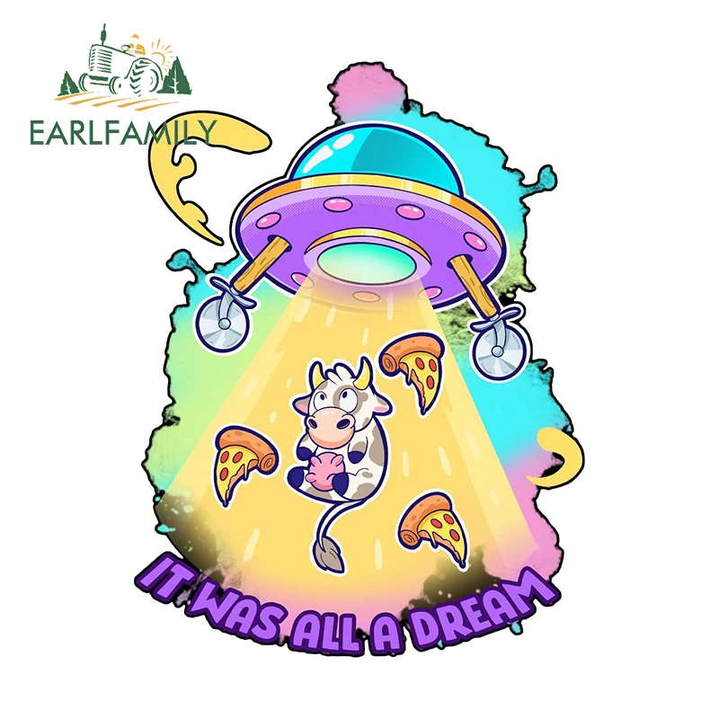 EARLFAMILY Interesting Cartoon Cow With Ufo Car Stickers Chibi Picture Rearview Mirror Trunk Decals Sunscreen Car Accessories