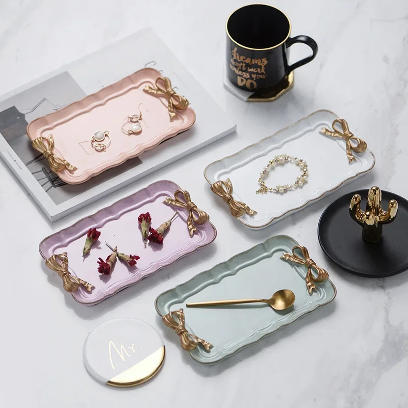 European Retro Style Bowknot Resin Tray Cute Jewelry Storage Table Rectangulare Decorative Trays for Storing Small Things