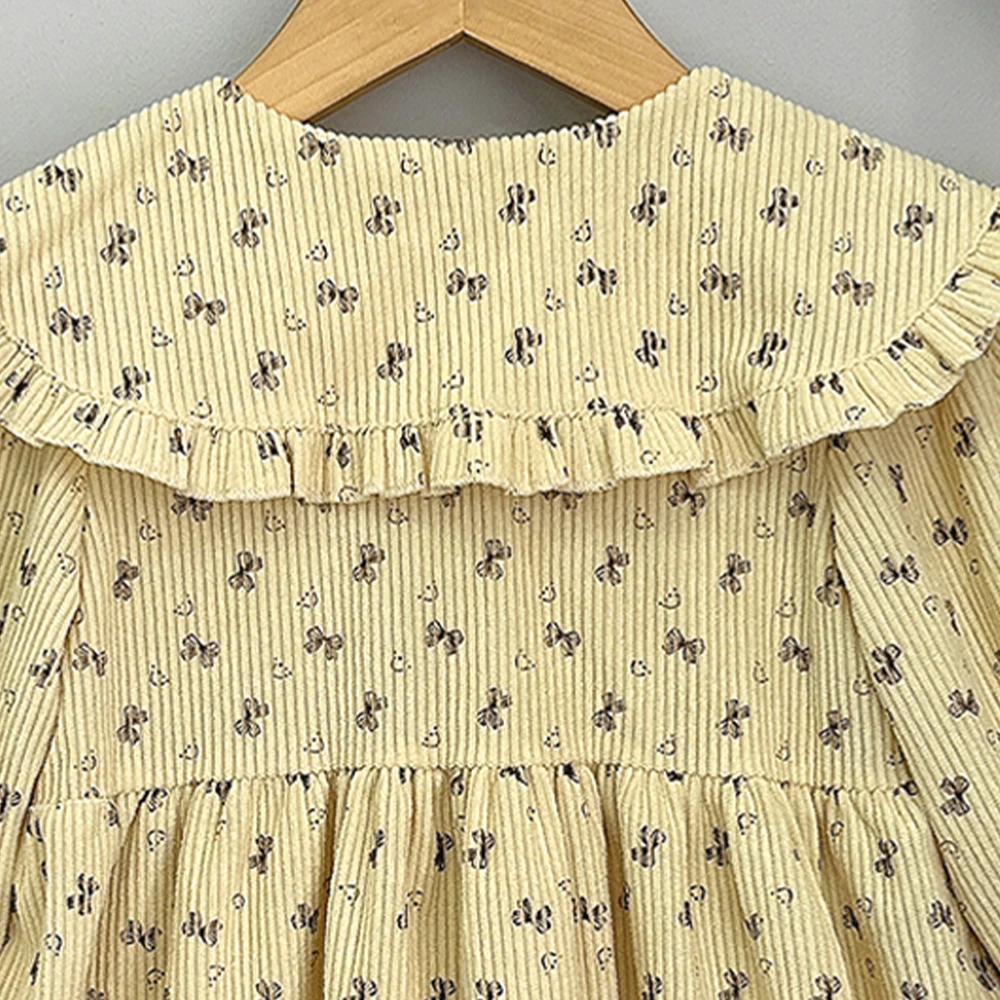 Sukienki dziewczęce Bear Leader Jesień Beżowy Urocza Lalka Dekolt Casual Kokarda Nadruk Długi Rękaw Modne Codzienne Ubrania Dziecięce