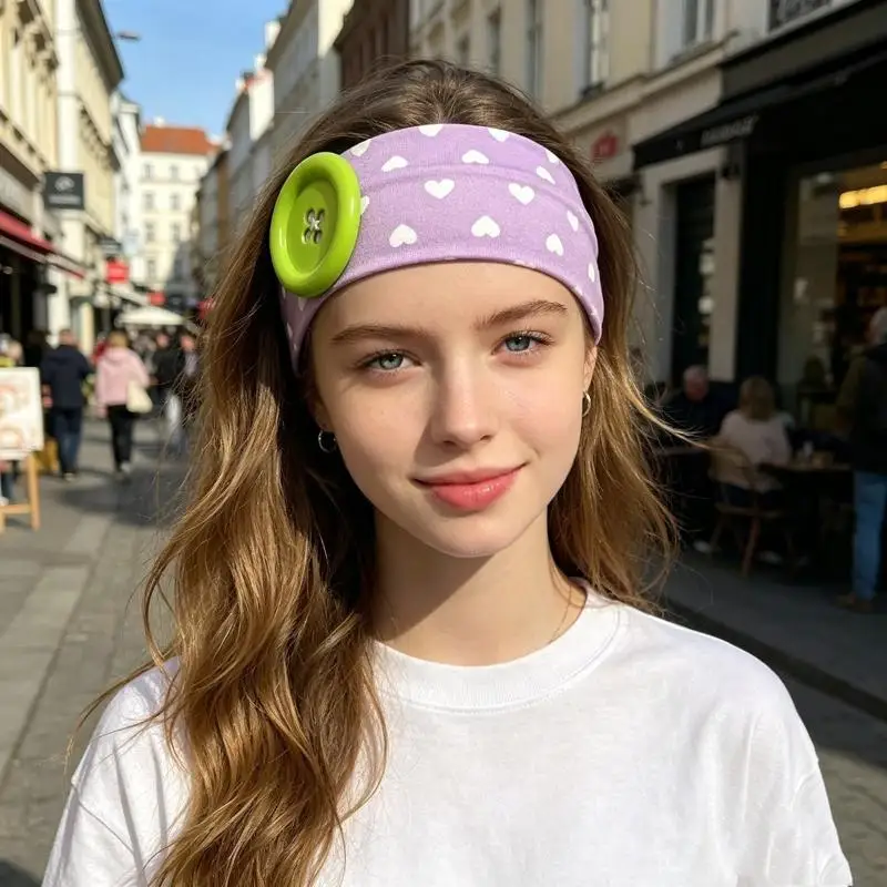 Summer Vintage Dopamine Large Button Heart Print Headband Spicy Girl Ins Style Y2K Elastic Hairband Sports Yoga Headband