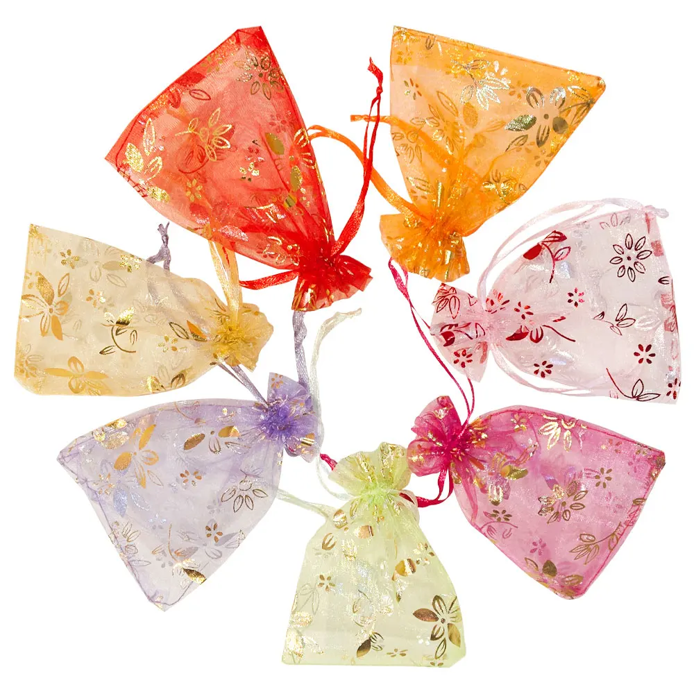 25/50/100pcs Organza Gift Bag 9x12cm 10x15cm Bauhinia Foil Stamping Flower Print Wedding Party Candy Jewelry Packaging Pouches