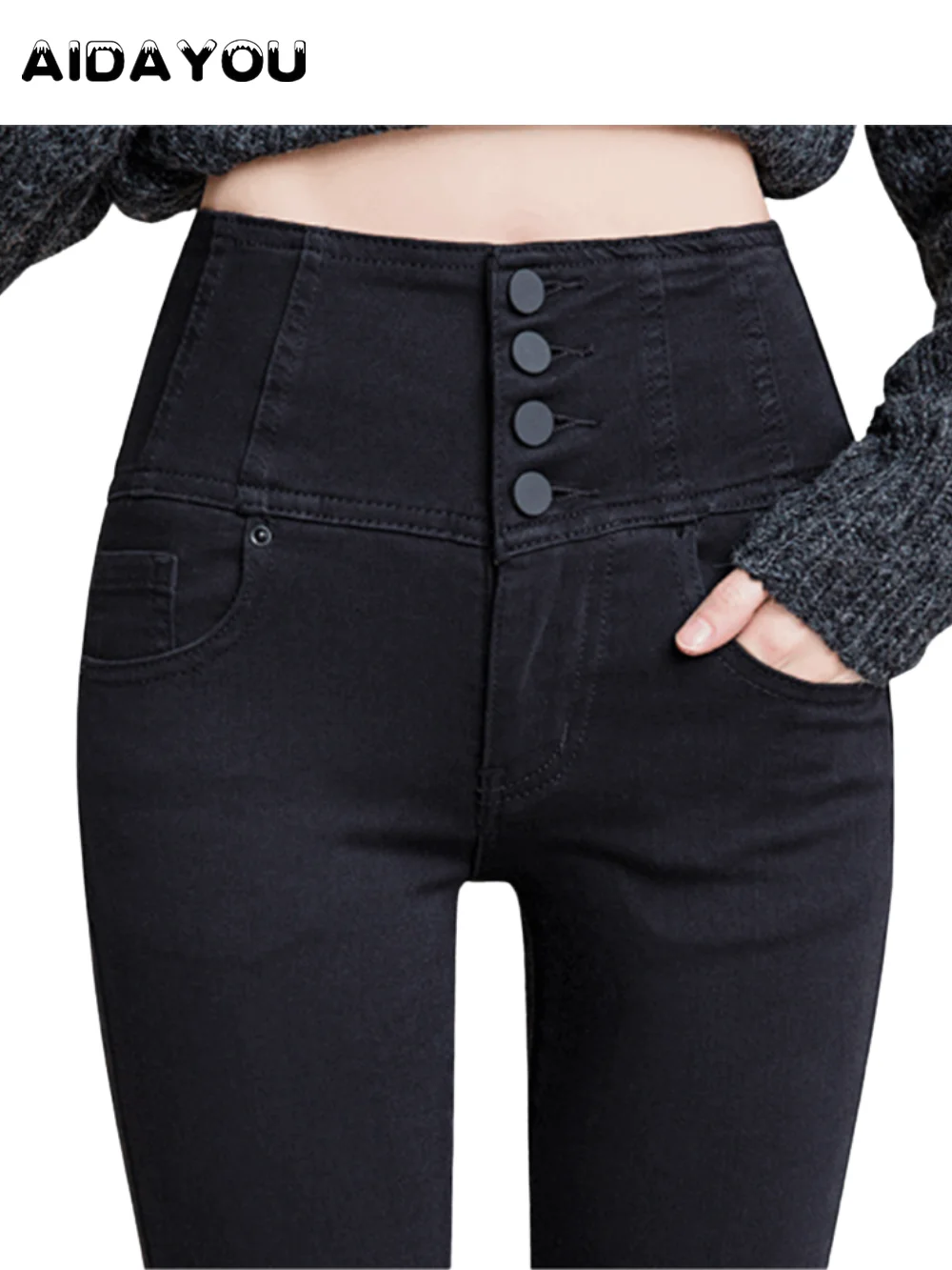 

Button Fly Jeans High Waist Front for Women Tummy Control Stretch Denim Black Petite XS - 4XL Dress Pants With Pocket ouc433