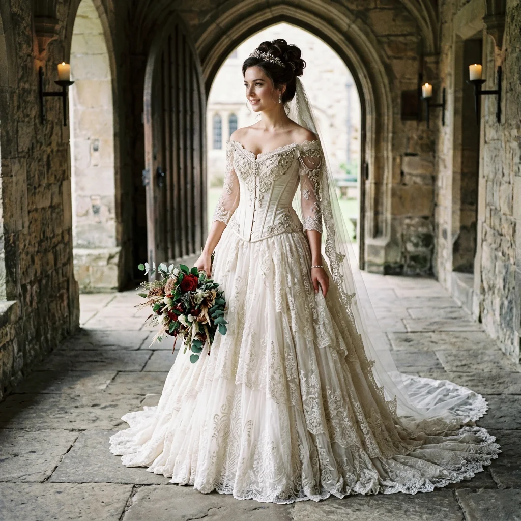 Vintage Off Shoulder Corset Lace Ball Gown Wedding Dress Three Quarter Sleeve Cathedral Train Bridal Gown