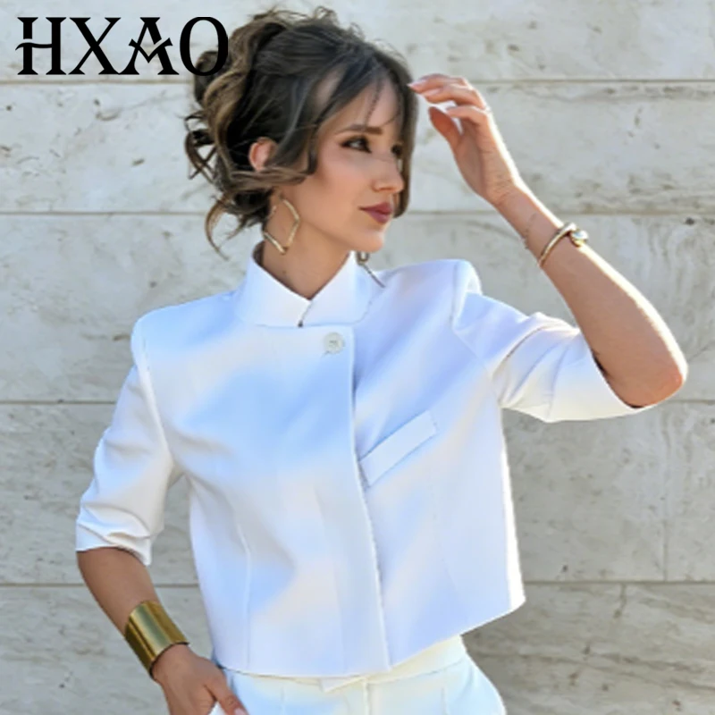 HXAO Crop Weiße Jacken Damenjacke Frühling Sommer 2026 Asymmetrische Knopfleiste Kurzarm-Oberbekleidung Schicke Streetwear Blazer für Frauen – Detail 3