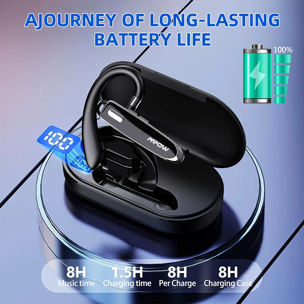 Mpow YYK530 سماعة أذن للأعمال مزودة بتقنية البلوتوث V5.3 إلغاء الضوضاء سماعة سائق شاحنة لاسلكية بدون استخدام اليدين داخل الأذن سماعة وقت التحدث 12 ساعة