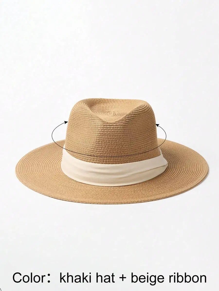 

Khaki Woven Straw Hat With Beige Ribbon For Beach Summer Casual Wear