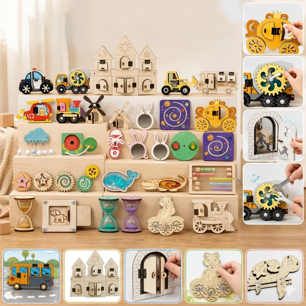 Montessori Wooden Busy Board DIY Accessories Color graffiti Sensory Educational Learning Toys Motor Toddlers Castle Train Parts