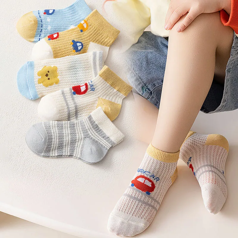 

5Pairs Baby Mesh Socks Hollow Breathable Summer Newborn Short Sock Boy Girl Cartoon Car Bear Socks 0-12Year Kids Cotton Footwear