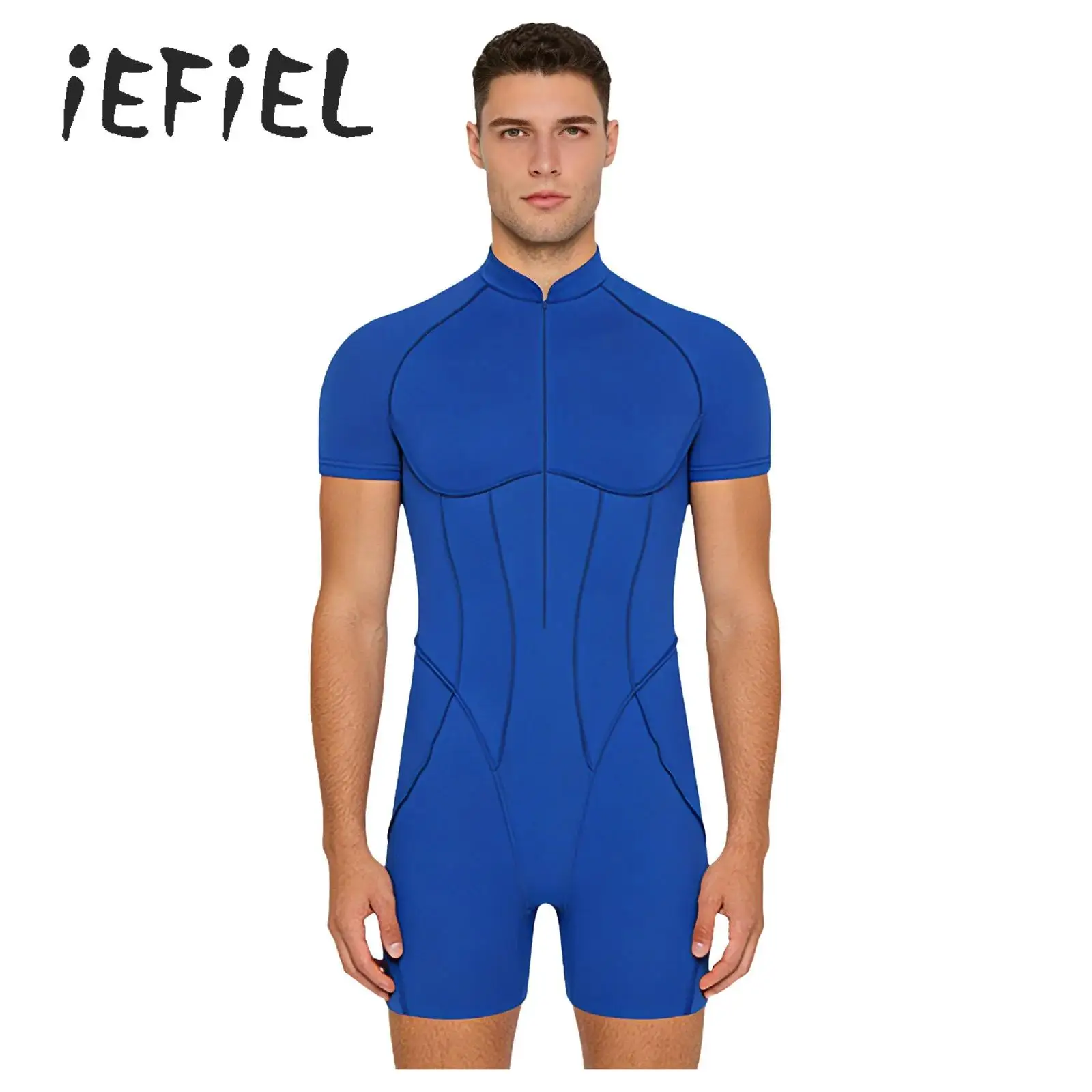 

Men Sports Swimsuit Swimwear Workout Rompers Short Sleeve Zipper One-Piece Jumpsuit Boxer Shorts Leotard Bodysuit Bathing Suits