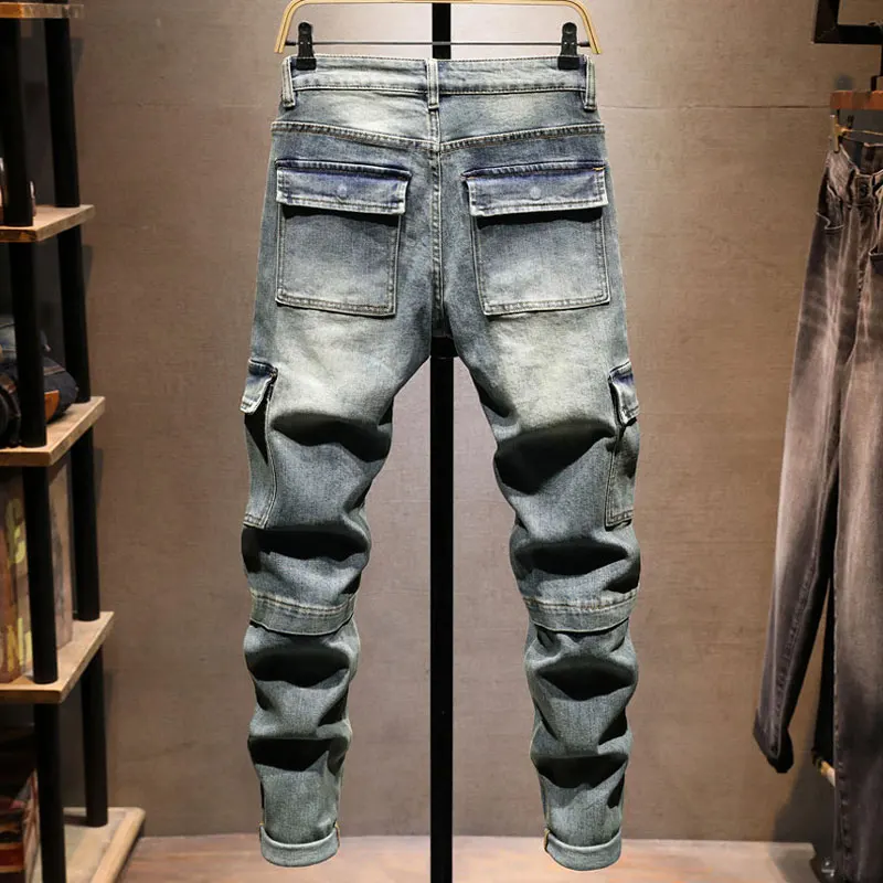 HombreFashion Large Pocket Light Blue Jeans Nostalgic Washed Stretch Slimming High Quality Splicing Y2K Style Men's Fashion Pant