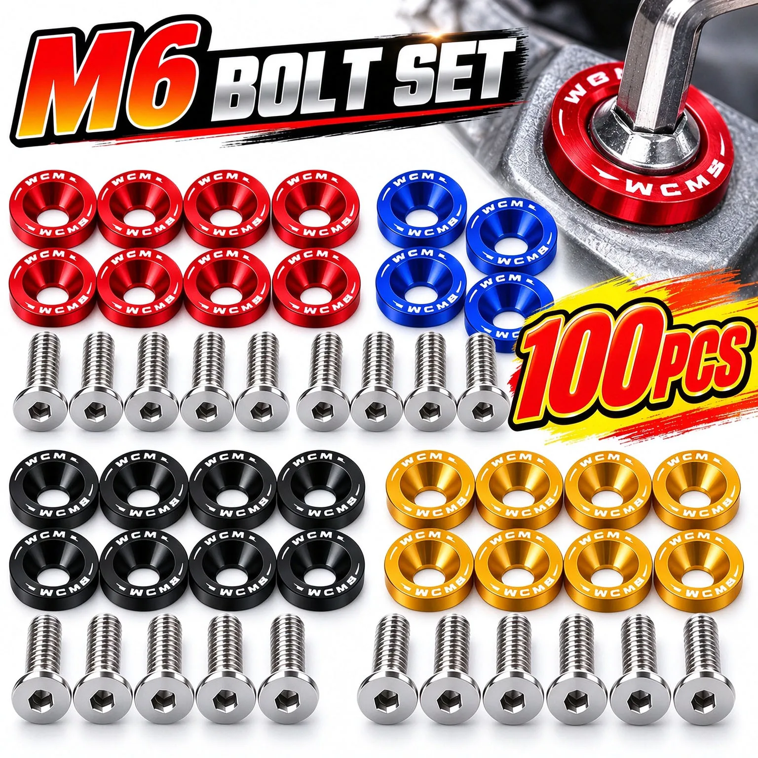 100SET  M6 Car Modified Fasteners Fender Washer Bumper Engine Concave Screw Fender Washer License Plate Bolts Car Styling Gasket