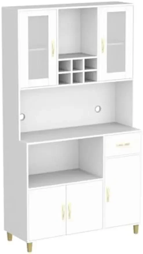 

SQ Kitchen Pantry Storage Cabinet,Modern Freestanding Pantry Cabinet with Tempered Glass Doors,5 Storage Cabinet & Grid Wine Rac